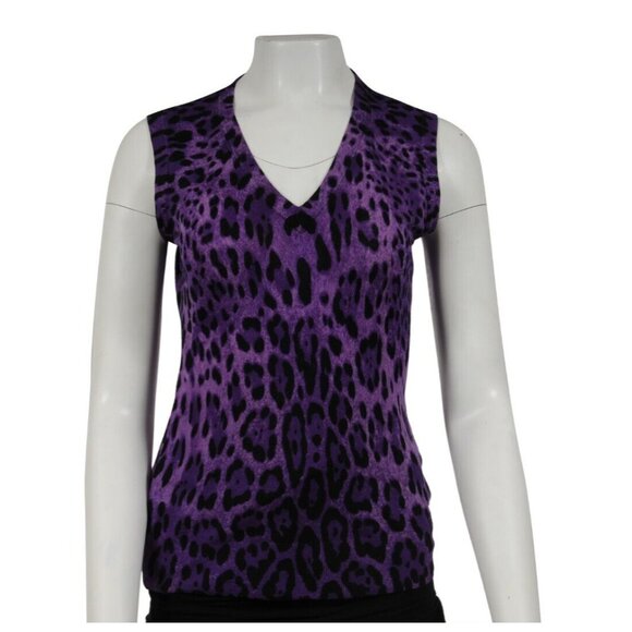 Dolce & Gabbana Womens Leopard Print V Neck Sweater Vest Med IT 42 Purple Wool